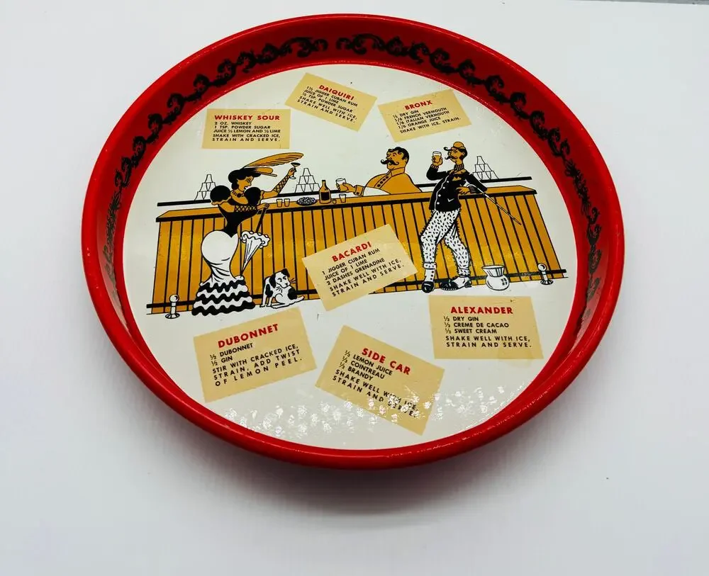 MCM Round Metal Cocktail Serving Tray - Cool Design - Classic Recipes